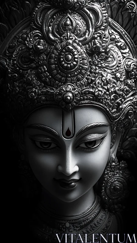 Monochrome sculpted deity face with ornate symmetrical headdress