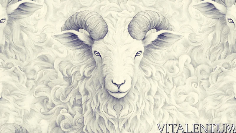 White ram portrait emerges from swirling wool curls.