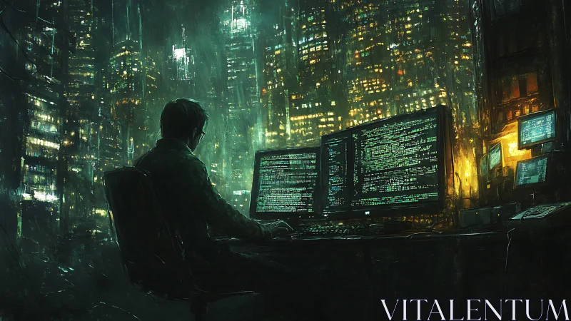 Cyberpunk workstation in neon-drenched high-rise interior painting.