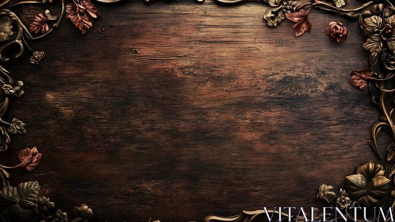 Ornate bronze floral frame on rich aged wooden panel.