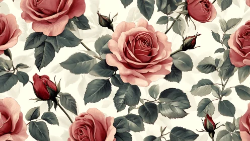 Botanical Rose Pattern With Layered Petals and Foliage.