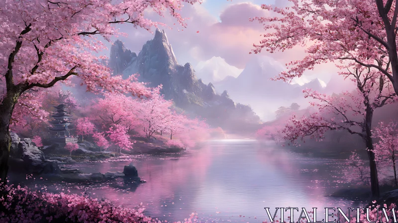 Serene cherry blossom valley with misted peaks and lake.