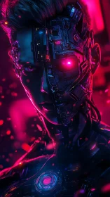 Neon-eyed cyborg sentinel staring through electric dusk.