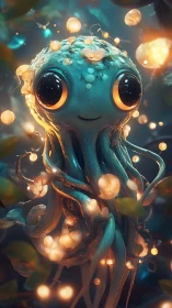 Glowing-eyed forest creature smiles amid floating lights.
