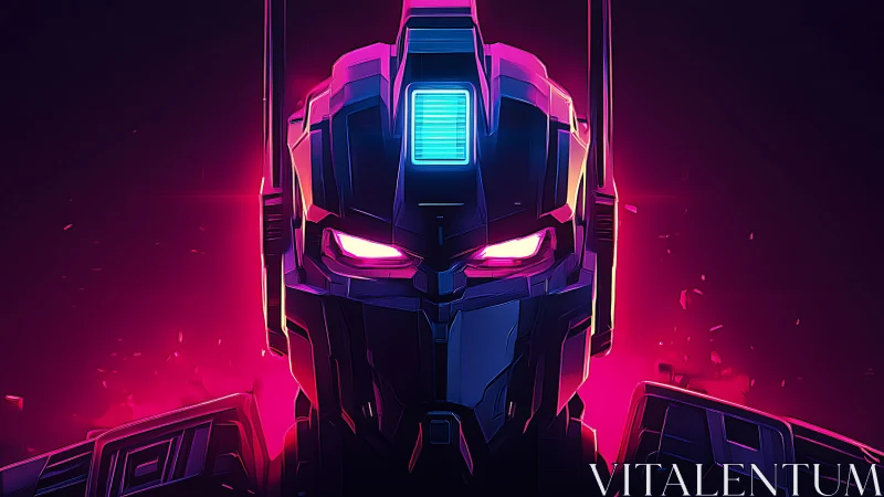 Neon lit robotic helmet glows against dark gradient background
