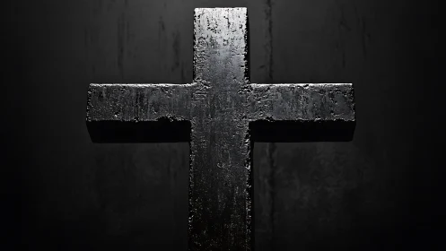 Strong black cross rises quietly against a deep shadowed void