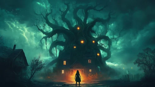 Haunted tree-house hybrid awakens in stormlit midnight mist.