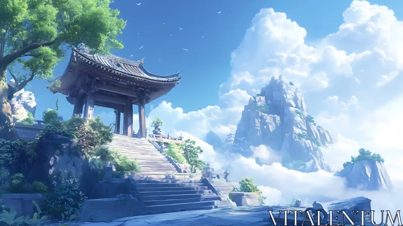 Mountain temple entrance stands above layered cloud-covered peaks