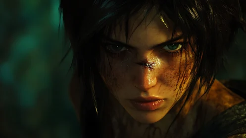 Battle-scarred heroine in intense cinematic close-up portrait.