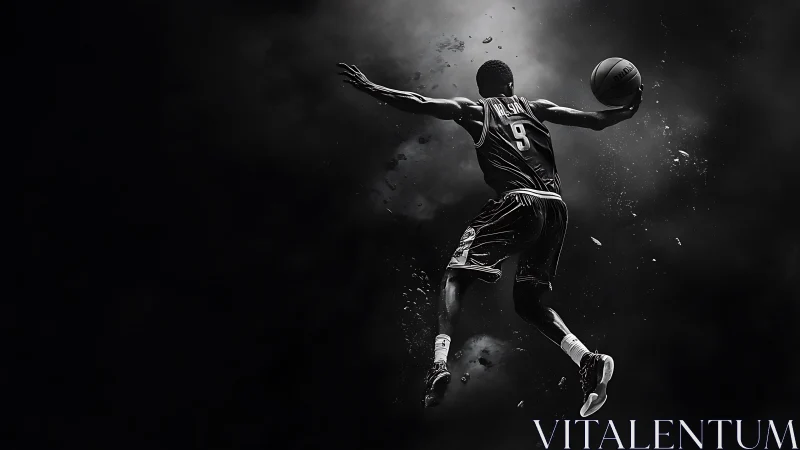 High contrast monochrome basketball dunk with dynamic particle trail.