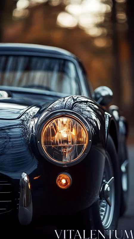 Gleaming classic roadster headlight in autumn bokeh glow.