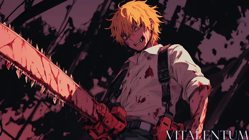 Bloodstained anime boy holding large chainsaw at night.