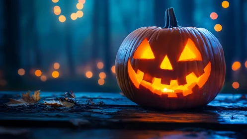 Grinning jack-o’-lantern glows on a moody forest table.