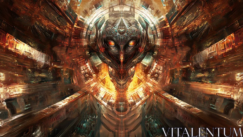 Cyberpunk infernal core with symmetrical mechanoid visage.