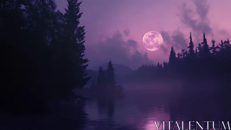 Lunar-lit conifer lake at dusk with violet atmospheric haze