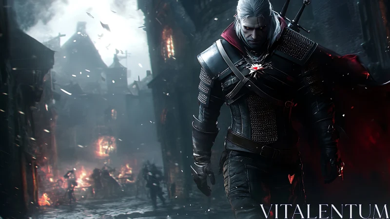 White‑haired warrior strides through burning medieval ruins