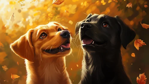 Two dogs in warm autumn light with falling leaves.