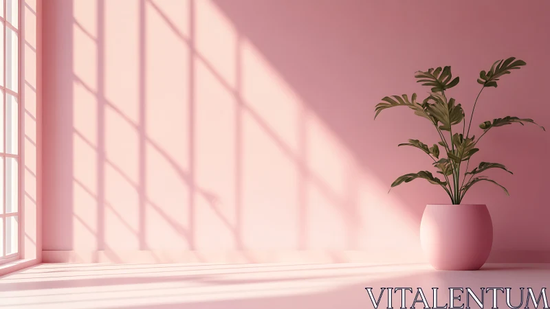 Soft daylight on pink interior with potted monstera plant