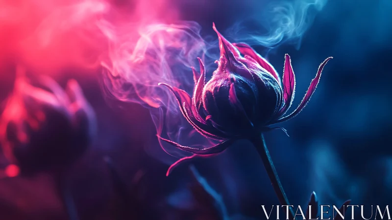 Macro view of illuminated flower bud in colored smoke.