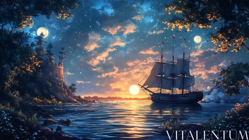Sailing ship crosses calm water under dual moons at dusk