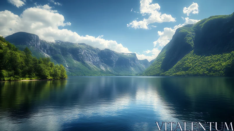Sunlit fjord lake reflects steep green mountains and sky