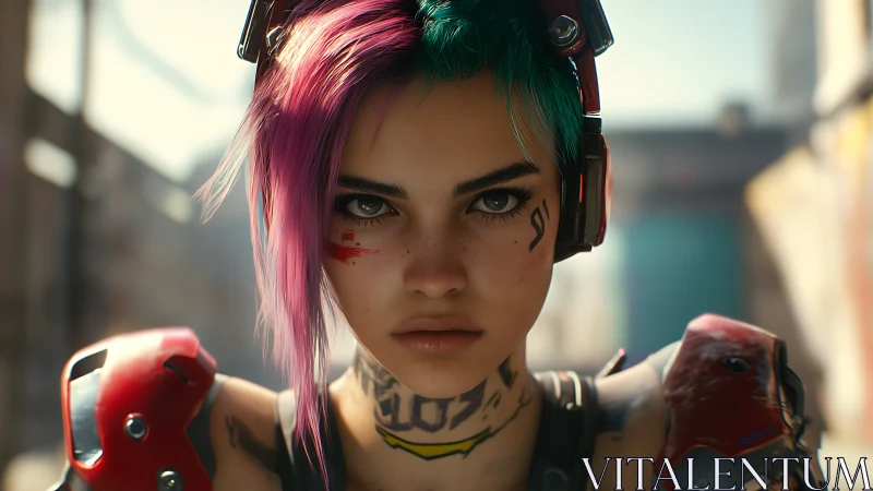 Cyberpunk portrait of young woman with headphones and armor.