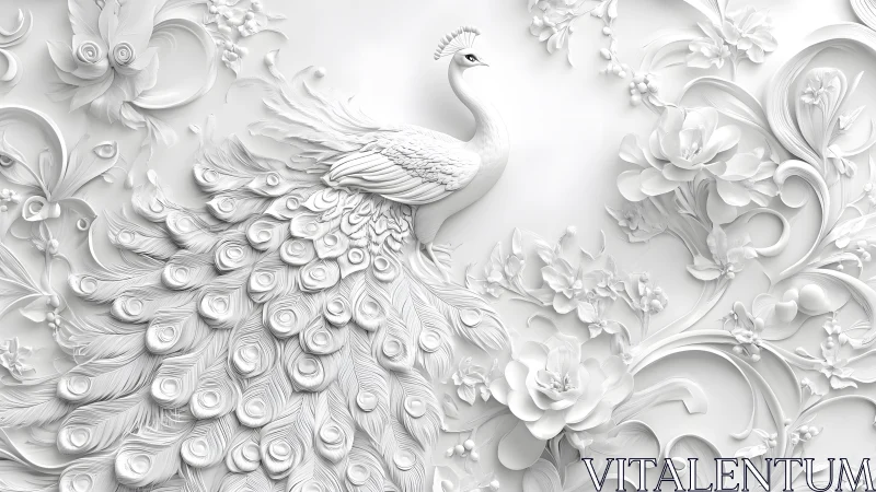 Elegant white peacock in intricate floral 3D paper art style.