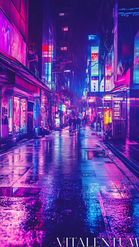 Neon-soaked rainy alley with reflective wet pavement and signs