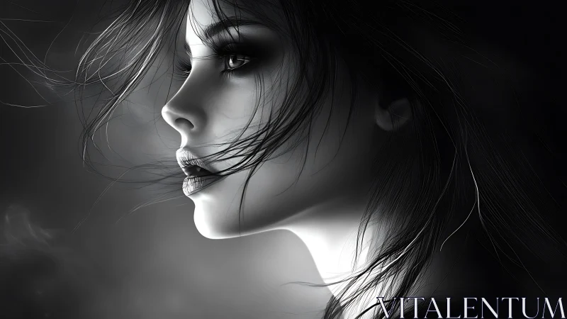 Monochrome profile portrait of a woman in drifting light.