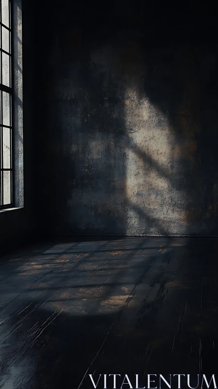 Sunlit window shadows across dark industrial interior floor.