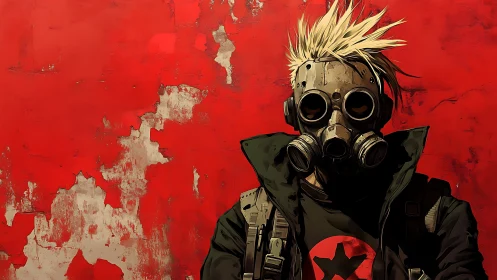 Figure in gas mask before distressed red urban wall.
