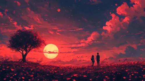 Crimson horizon stroll under a storybook rising moon.