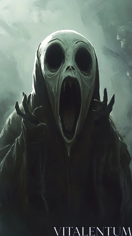 Hooded spectral figure with gaping mouth in misty gloom.