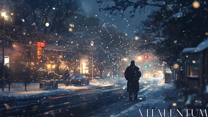 Solitary figure on snow covered winter street under city lights