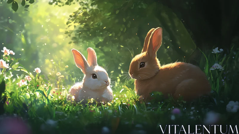 Two rabbits resting in sunlit forest grass and flowers.