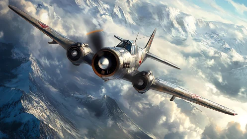 Vintage warplane sweeps through bright, snow capped mountains