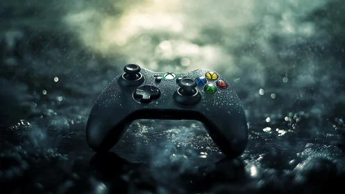 Weathered Gaming Controller Submerged in Atmospheric Water Droplets.