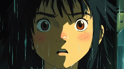 Close-up anime portrait of shocked teen under streaming rain
