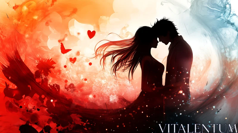 Couple embracing with red and blue watercolor silhouette backdrop.
