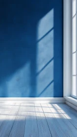 Sunlit blue interior wall with window shadow and white floor.