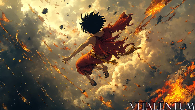 Skyfall monk twisting through a storm of falling embers.