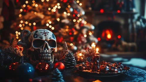 Skull centerpiece with Christmas tree and fireplace in background.