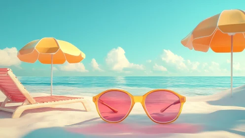 Yellow sunglasses on pastel beach under umbrellas.