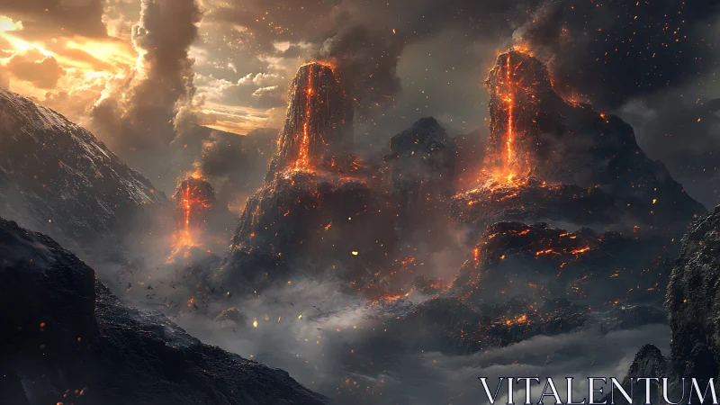 Brooding lava colossi under a storm-torn ember sky.