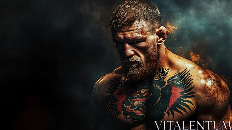 Tattooed fighter emerges from burning cinematic smoke.
