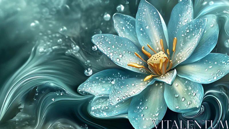 Shimmering teal lotus drifting through liquid daydreams.