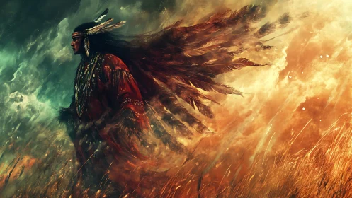 Windborne feathered warrior walking the edge of storm and fire.