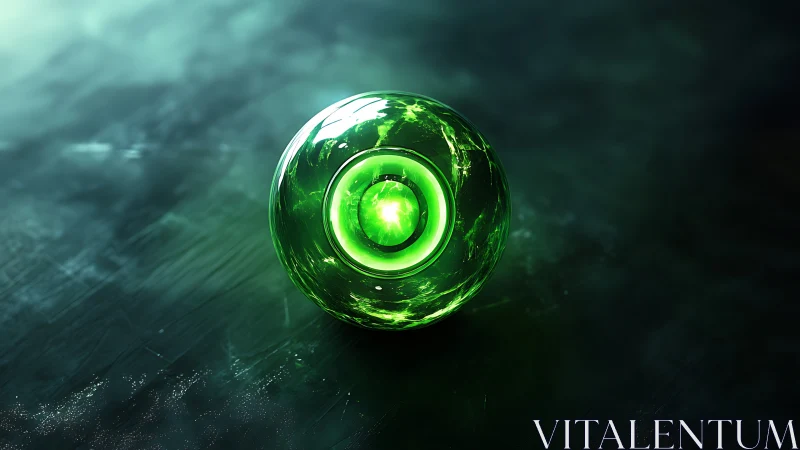 Green luminous orb with concentric core on dark surface.