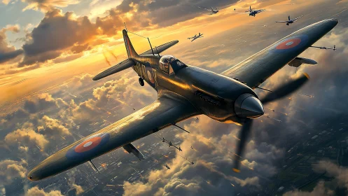 Sunlit warbird slices through stormy clouds in formation flight