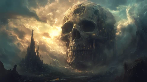 Colossal skull fortress looms over a storm-swept wasteland.